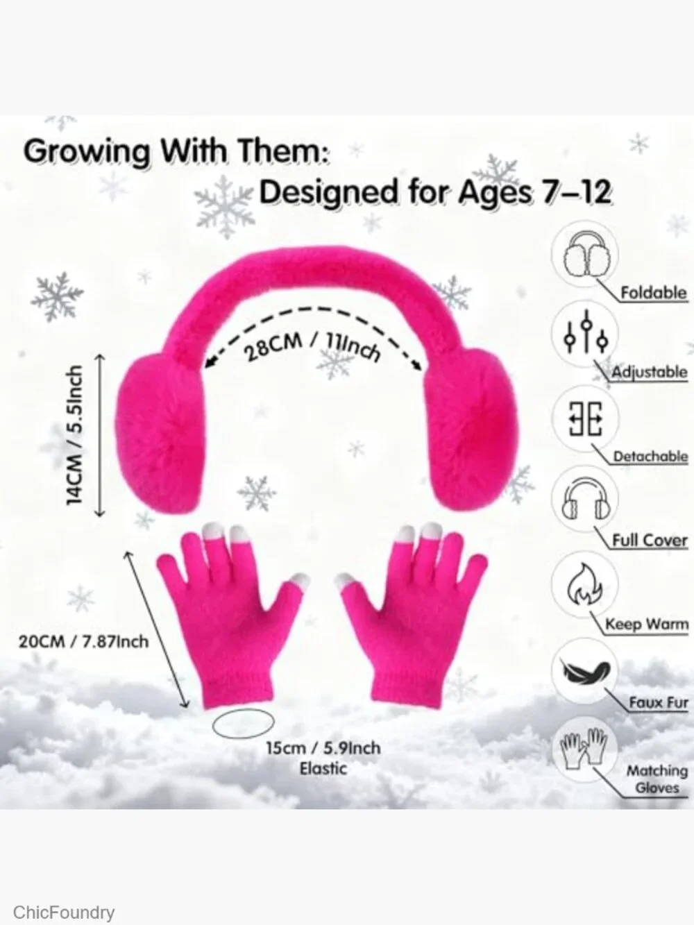 Winter Earmuffs Gloves Set for Kids 7-12T - Faux Fur Ear Warmers with